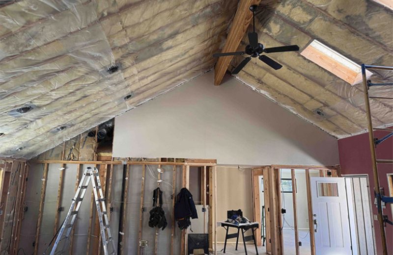 Home addition construction with vaulted ceiling framing in Bend, OR